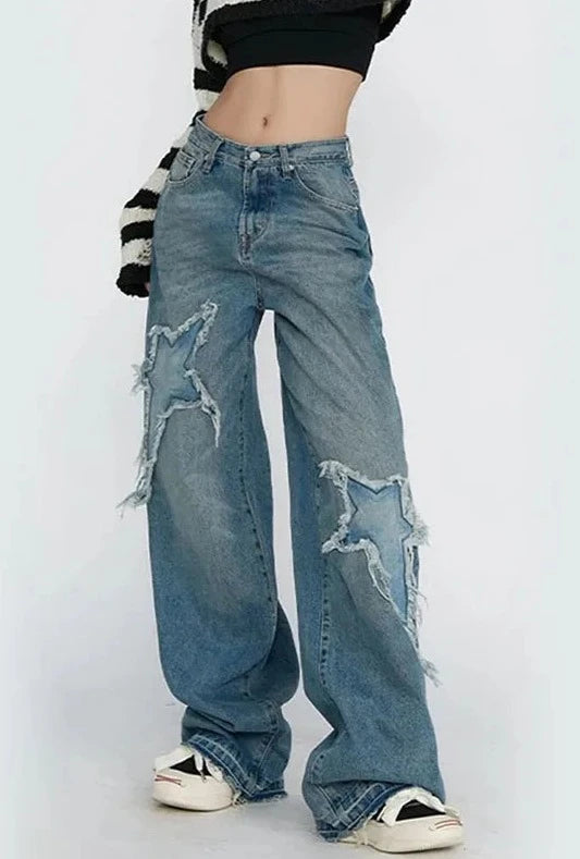 Jeans streetwear stile vintage con stella blu