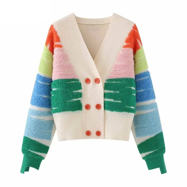 Cardigan maglione lavorato a maglia a righe arcobaleno