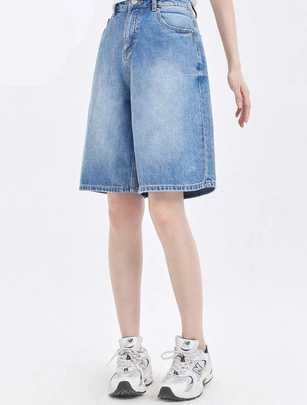 Shorts in vero denim estivo in cotone dritto a vita alta